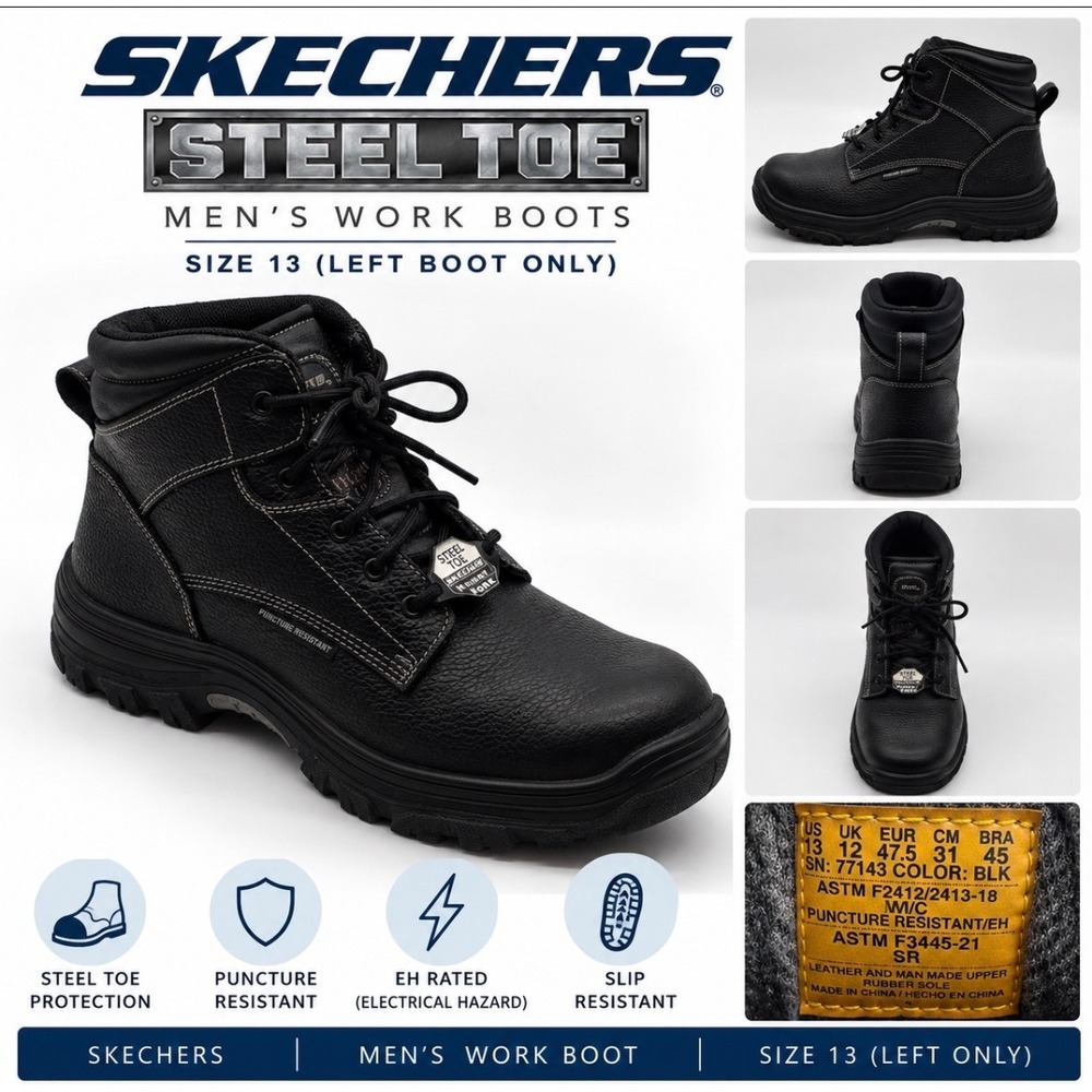 Skechers Work Steel Toe Boot Black Leather Mens Size 13 LEFT BOOT ONLY